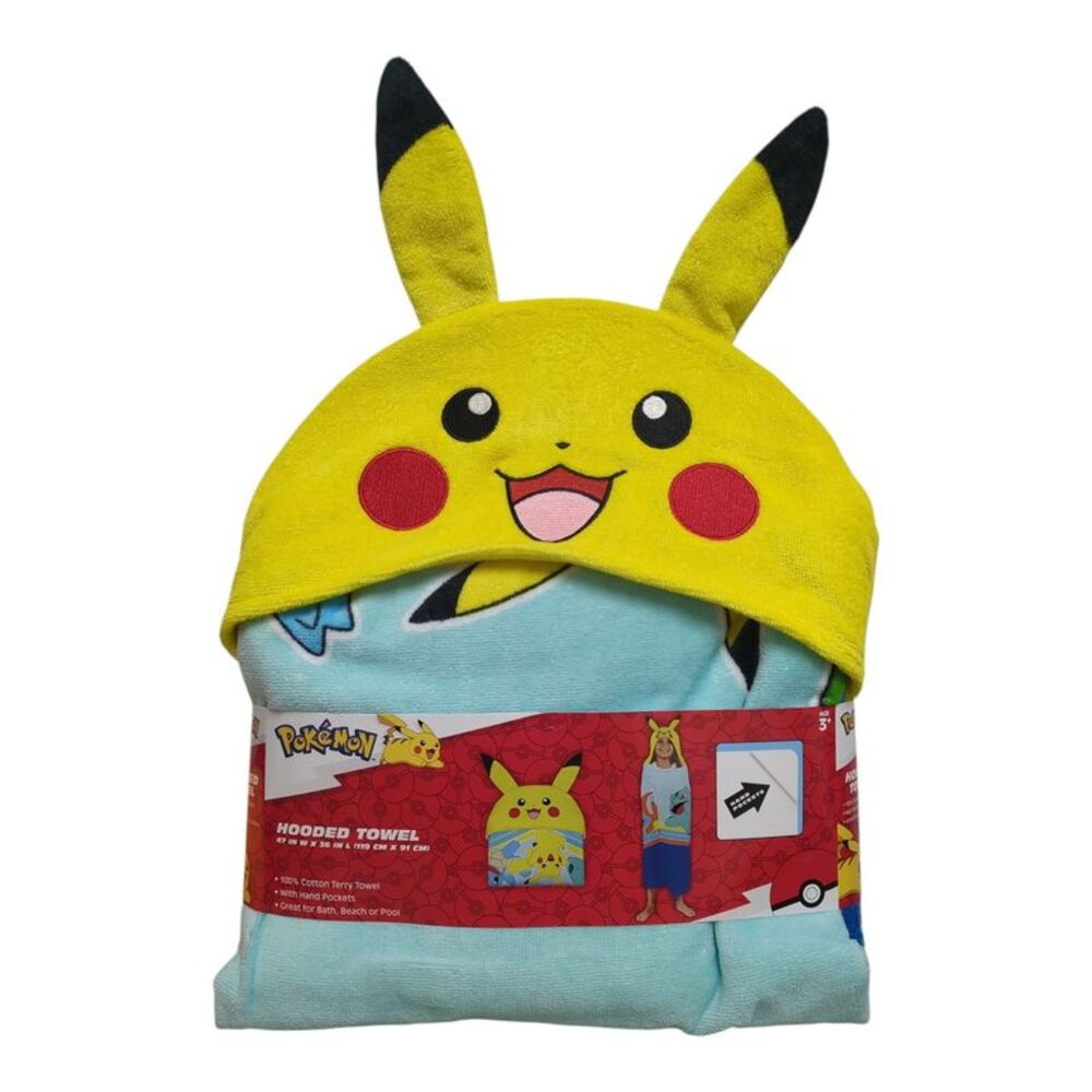 Franco Kids Character 100% Cotton Hooded Towel with Hand Pockets - Pokemon